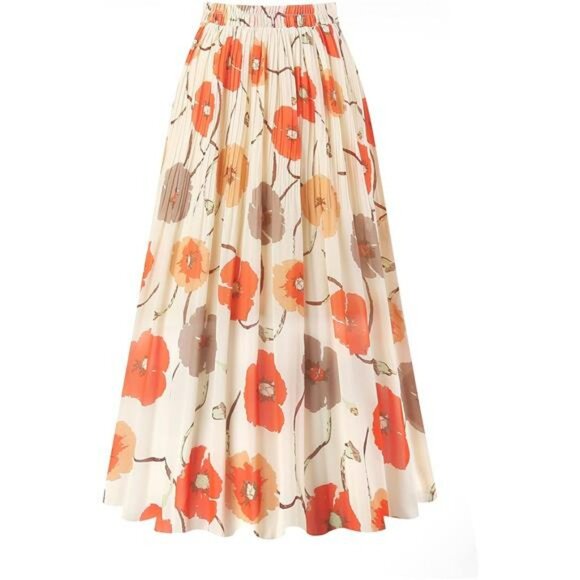 Pleated Chiffon Midi Skirt for Women High Waist A Line Elastic Waist Skirt - Picture 1 of 7